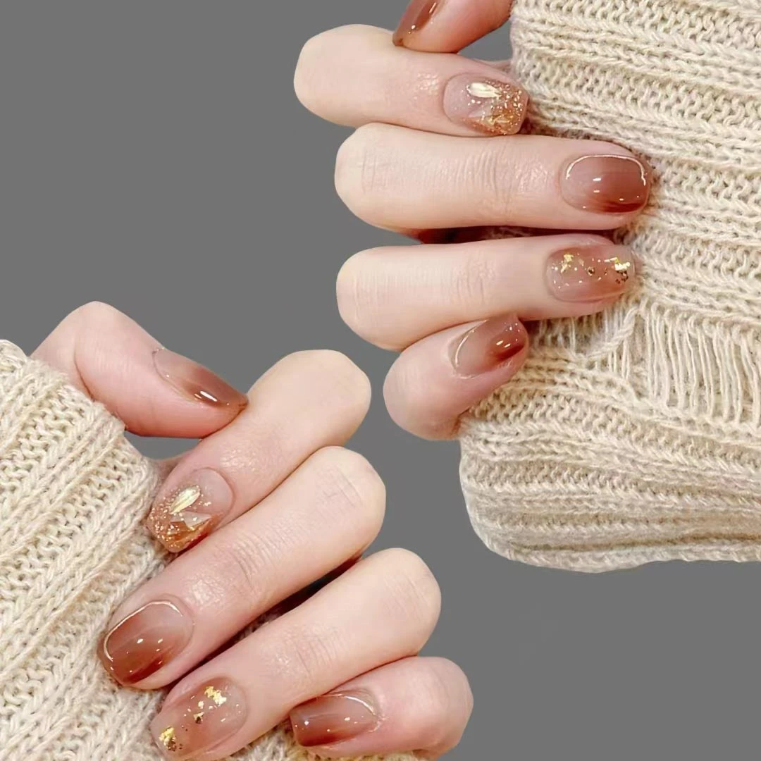 秋冬棕咖晕染焦糖色琥珀显白美甲贴片2025年渐变温柔纯手工穿戴甲