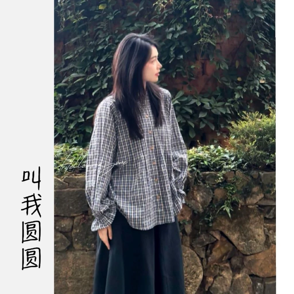 圆圆 【青海湖畔】荷叶袖格子文艺木耳边纽扣宽松衬衫 YY 9171