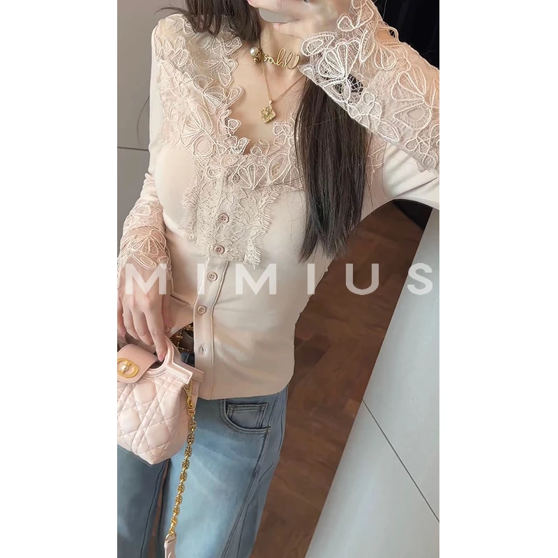 【mimius】七七 加厚纯欲风V领修身蕾丝内搭打底衫 G10003