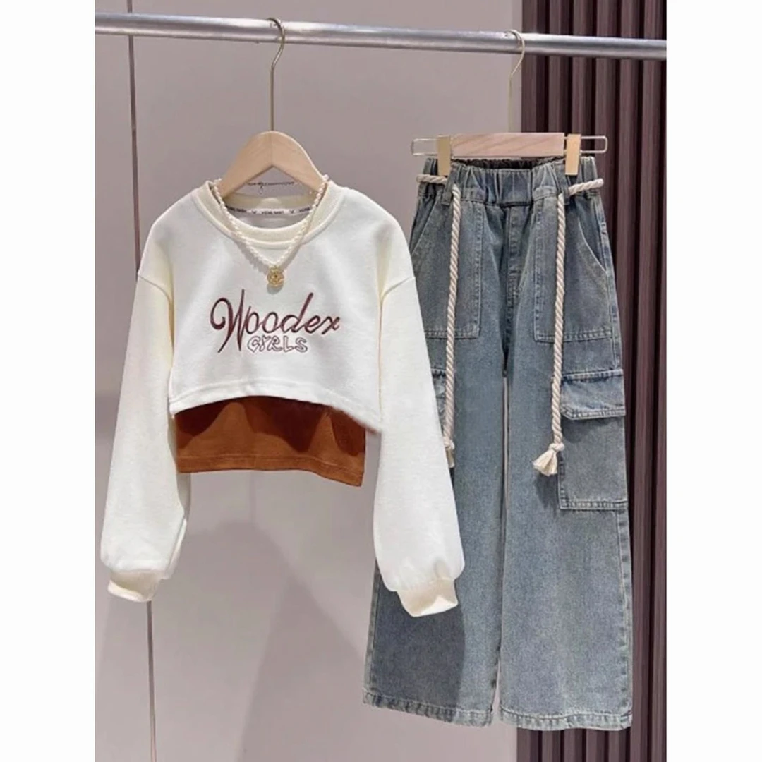 女童卫衣工装牛仔裤三件套秋装2025新款设计感背心短上衣儿童套装