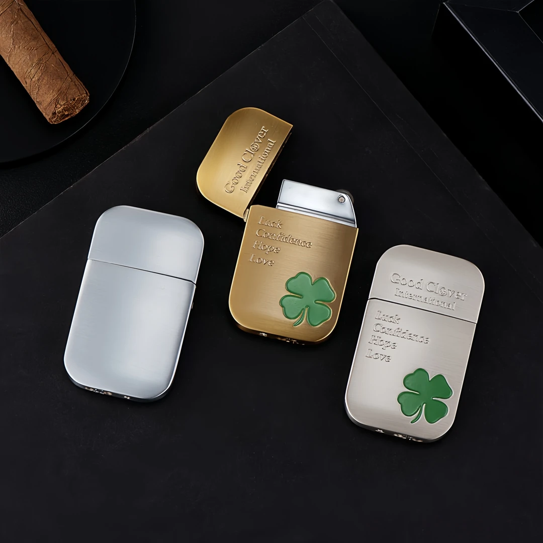 幸运四叶草砂轮充气翻盖明火金属打火机简约个性创意送男朋友女友