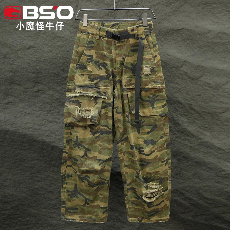 小魔怪秋冬款潮牌美式高街迷彩牛仔裤男宽松直筒弯刀裤阔腿裤长裤