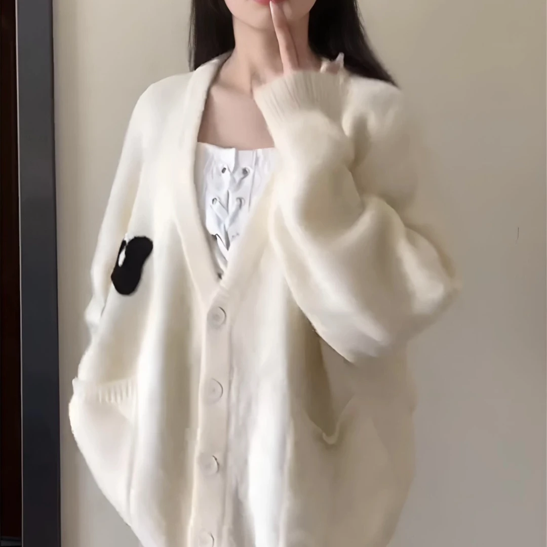144 温柔风软糯糯奶白色设计款百搭宽松针织毛衣外套