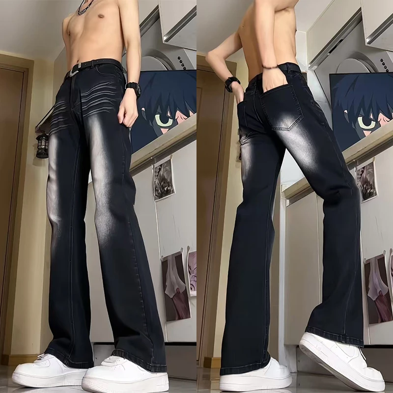 黑色渐变窄版牛仔裤男款春秋vintage美式裤子修身直筒弯刀微喇裤