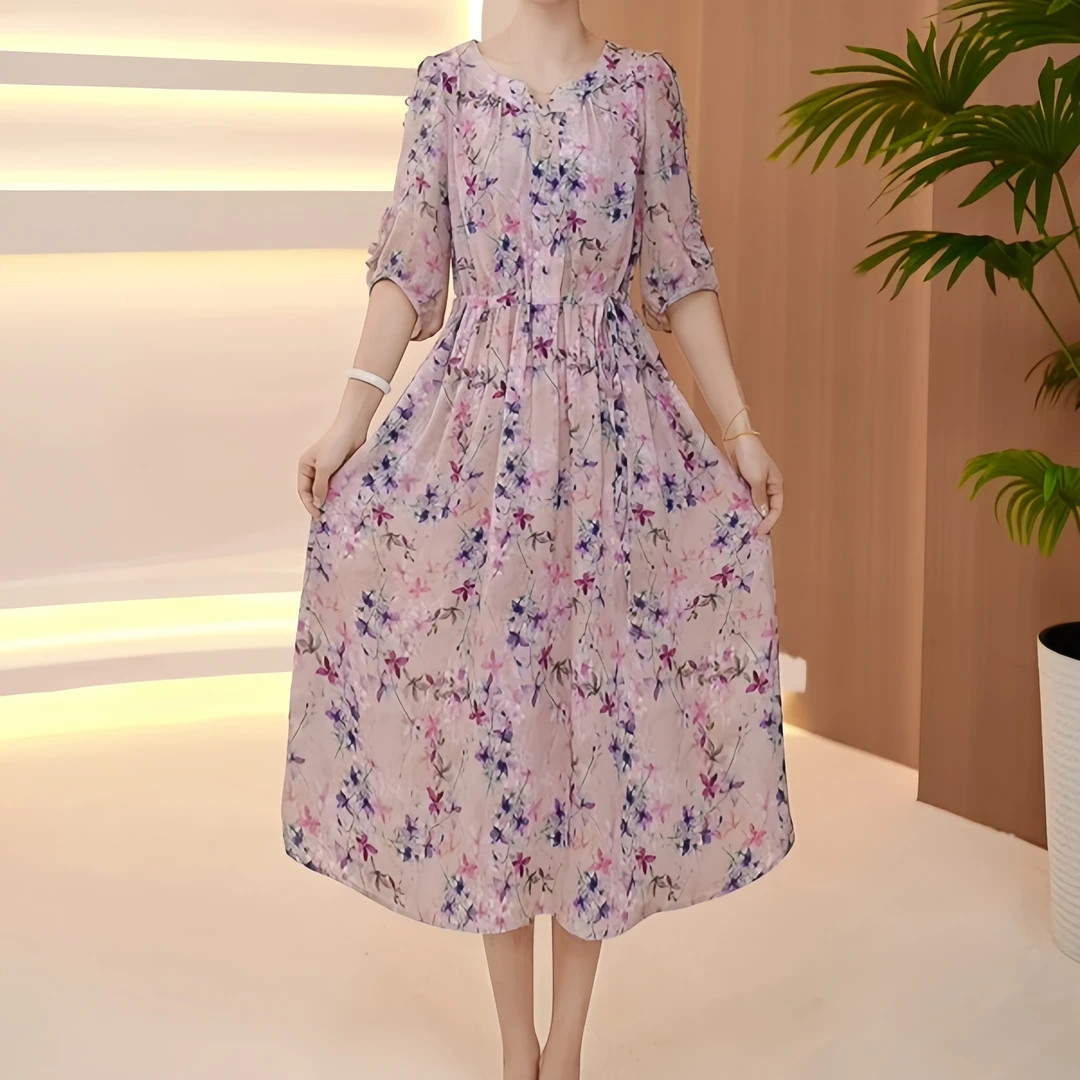 夏季爆款修身花萝粉法式中袖优雅显瘦时尚休闲妈妈装女装连衣裙