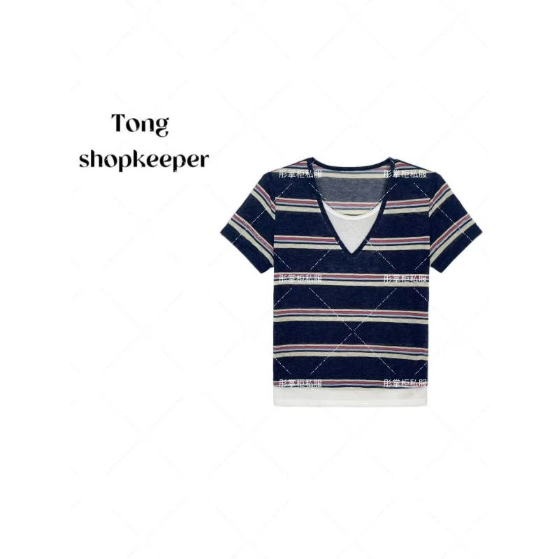 TT-QJ/彤掌柜1681931 夏季25时尚条纹进口棉透气假两件撞色上衣