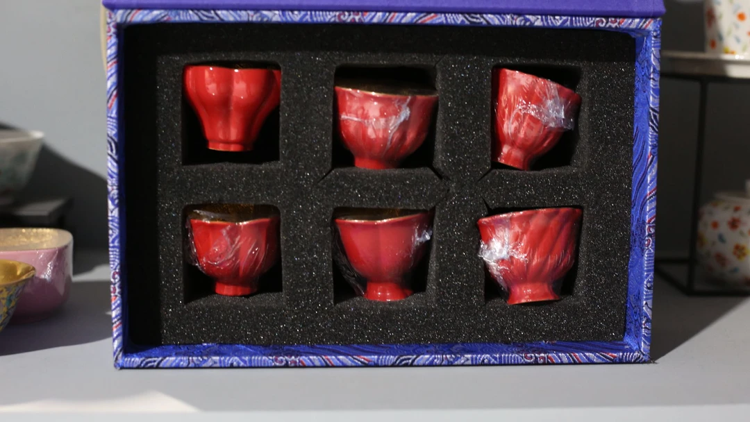 【宜景窑中国红鎏金系列】六只杯子50cc套组全手工制作