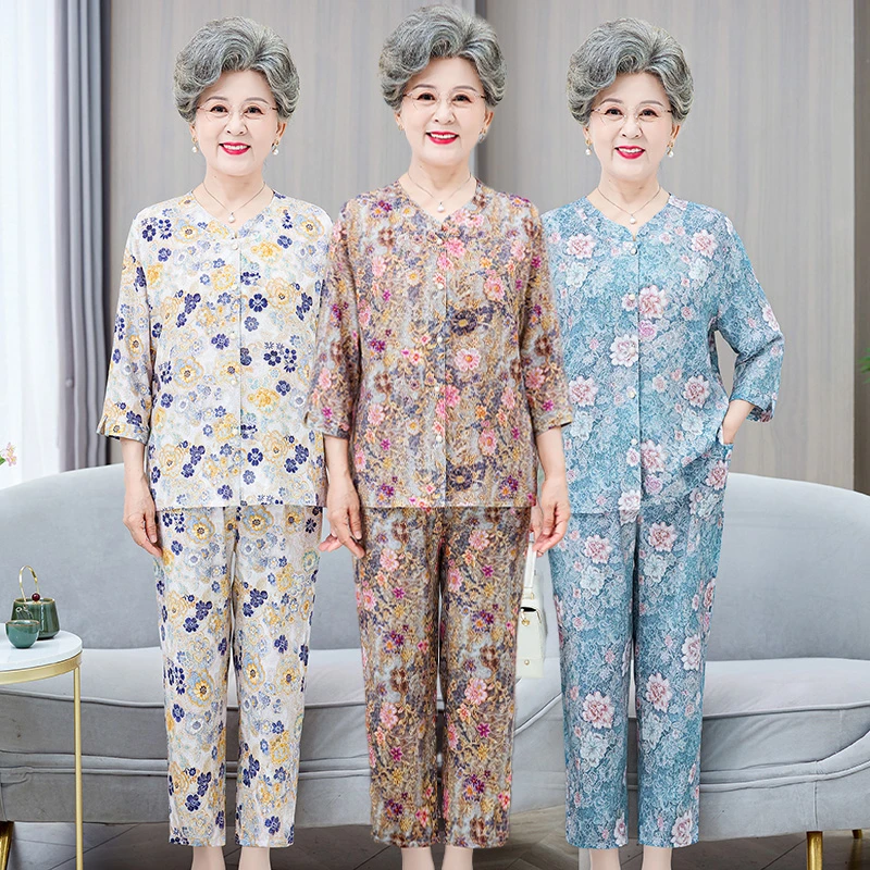 中老年人女装妈妈装夏季高贵洋气60-80岁老太太衣服奶奶绵绸套装