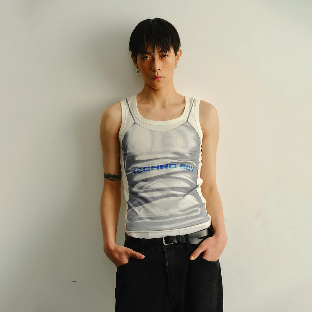 原创设计“电子男孩”technoboy锐舞吊带印花螺纹男女背心