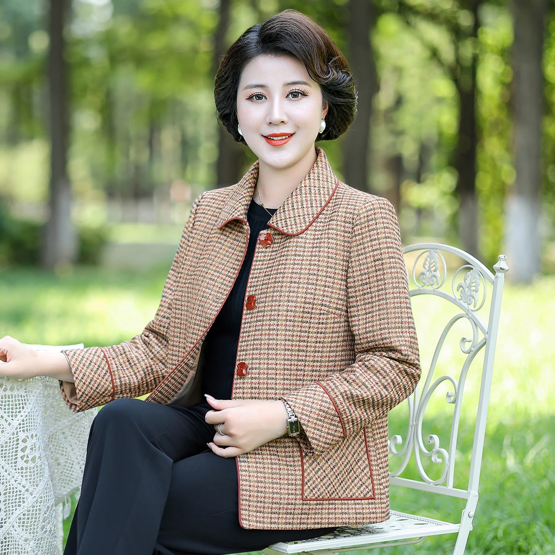 华太太女装妈妈春秋外套气质小香风大码洋气格子中老年C6118B
