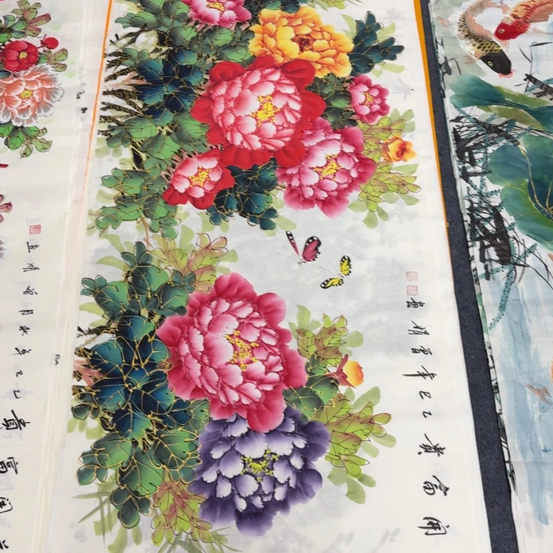 国画180×70千层金线牡丹