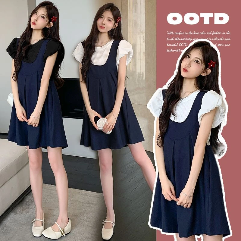 孕妇夏装2025新款泡泡袖冰感上衣洋气时尚减龄小个子高个子套装