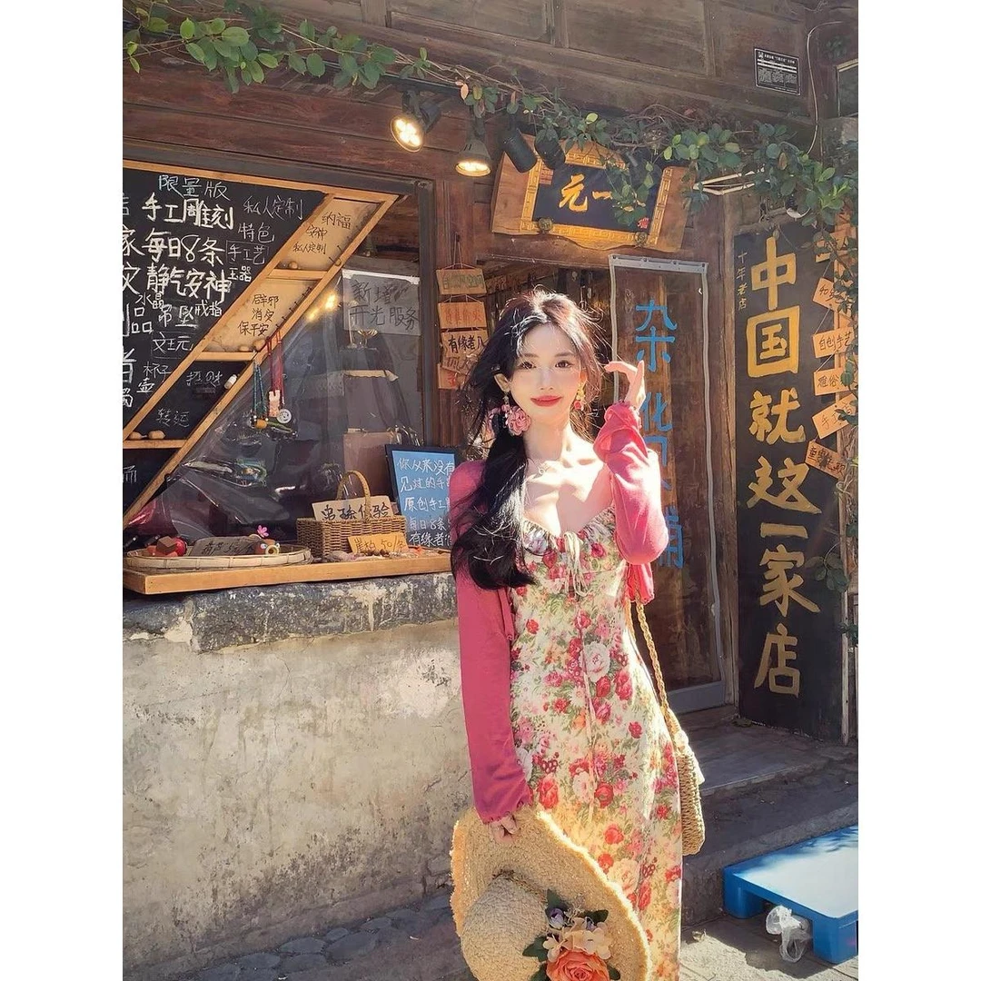 法式复古碎花绑带吊带连衣裙套装女春季防晒针织开衫收腰气质裙