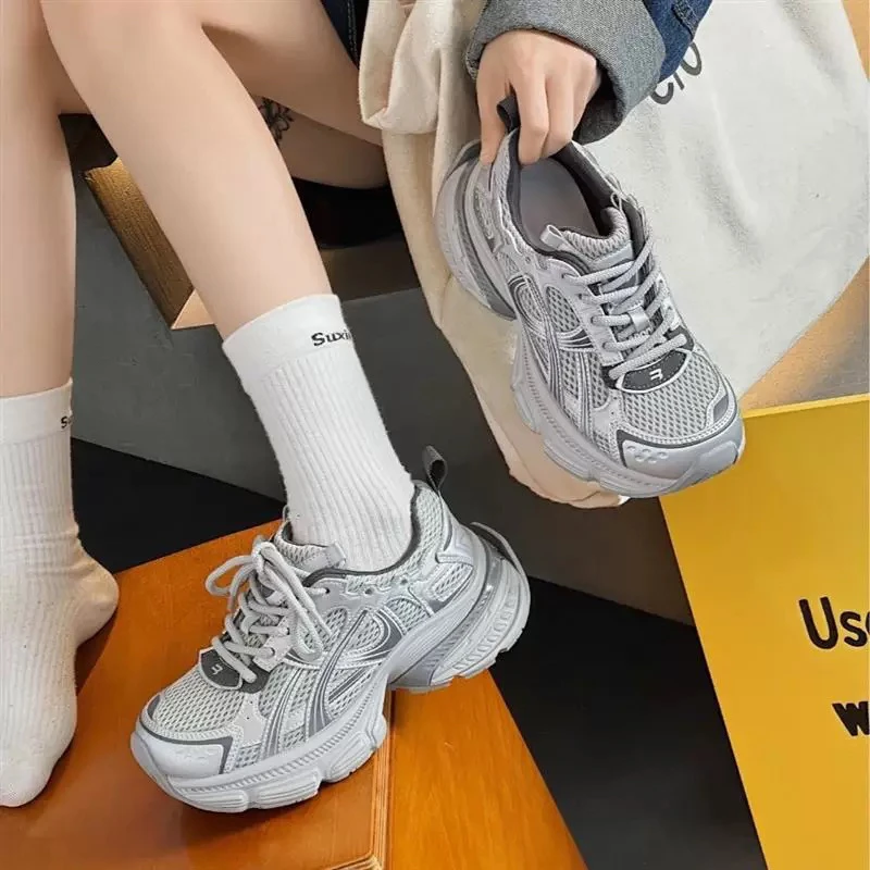 真皮厚底网面老爹鞋女鞋女2025秋新款轻便增高拼色透气休闲运动鞋