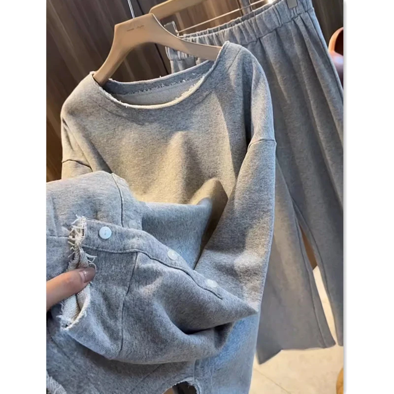 欧货春秋休闲毛圈长袖拖地裤套装女2025新款宽松慵懒卫衣两件套