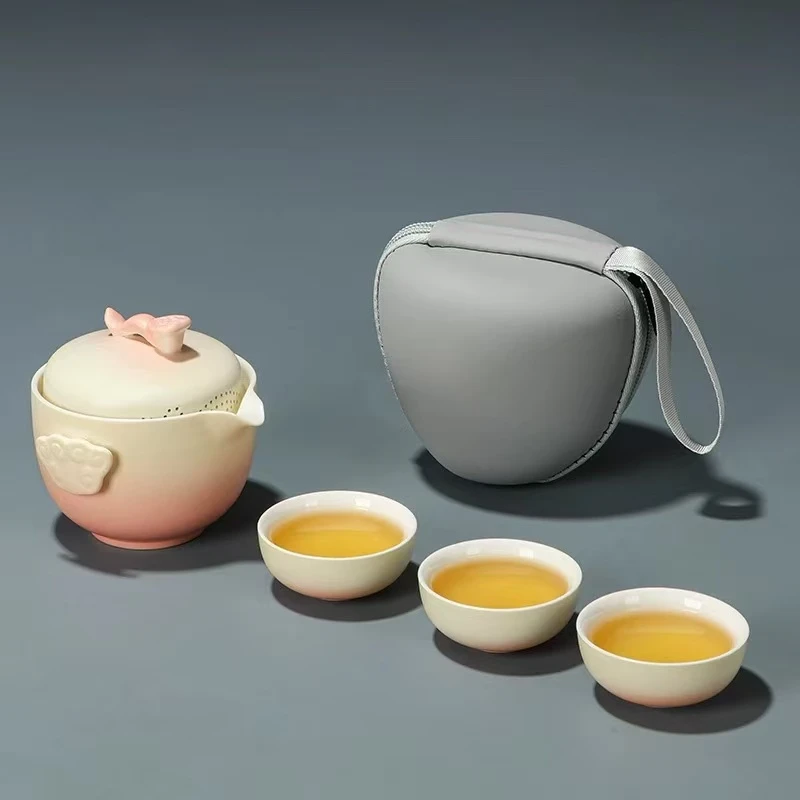渐变祥云粉色中式旅行茶具