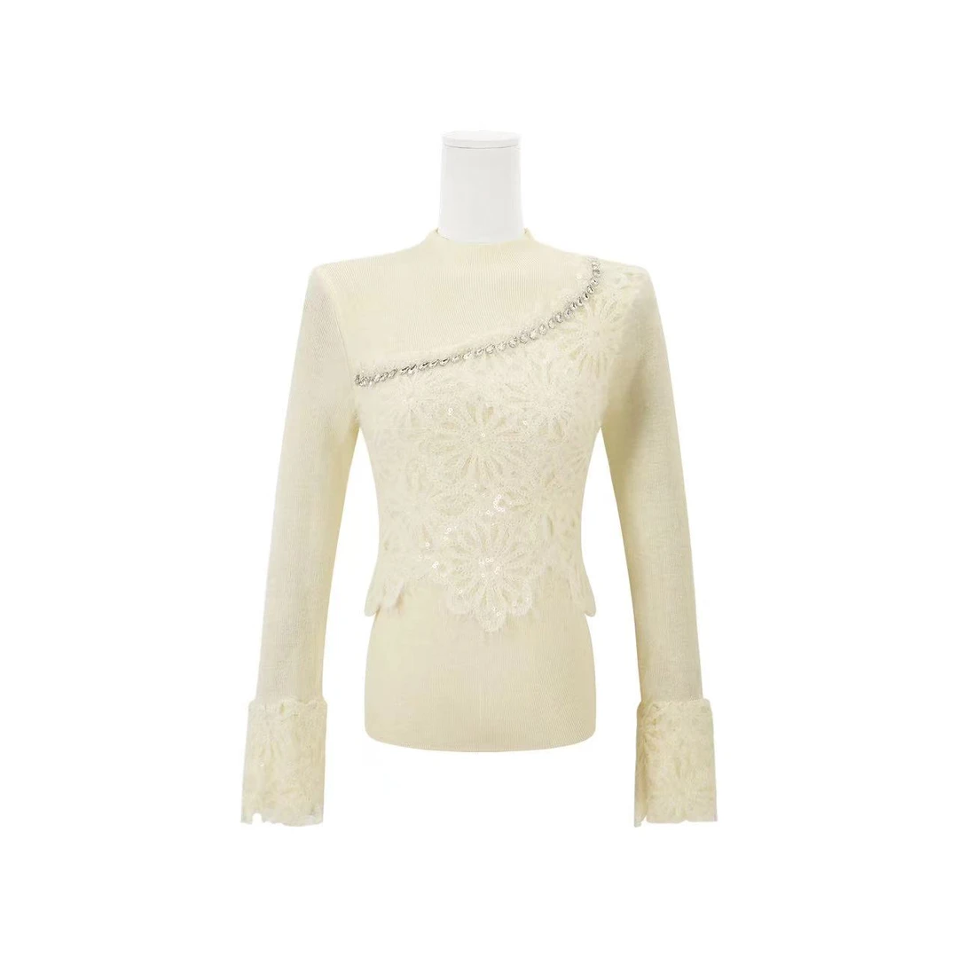 冬季新款蕾丝重工烫钻打底毛衣7875