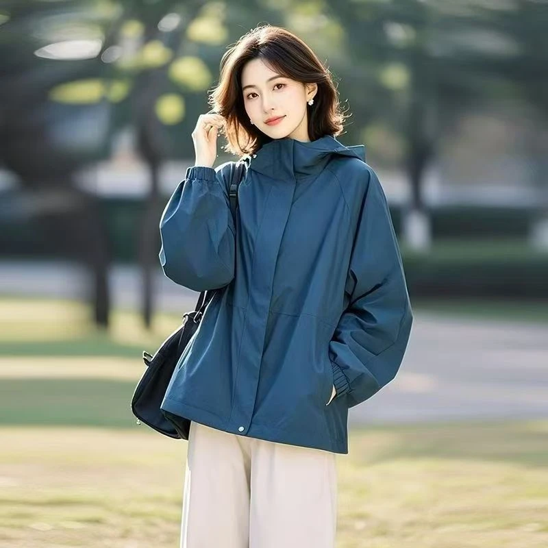 2025超火减龄开春高级感百搭韩系休闲酷飒拽姐短款蓝色连帽外套女