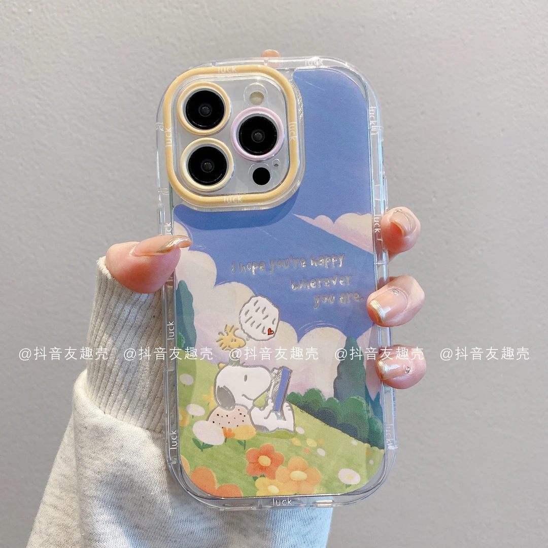 适用于苹果16新款华为vivo小米oppo泡芙羽纱手机壳卡通看书史努比