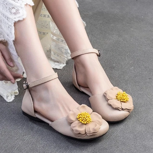 森女文艺气质花朵包头凉鞋女2025夏季新款复古一字带平跟百搭女鞋