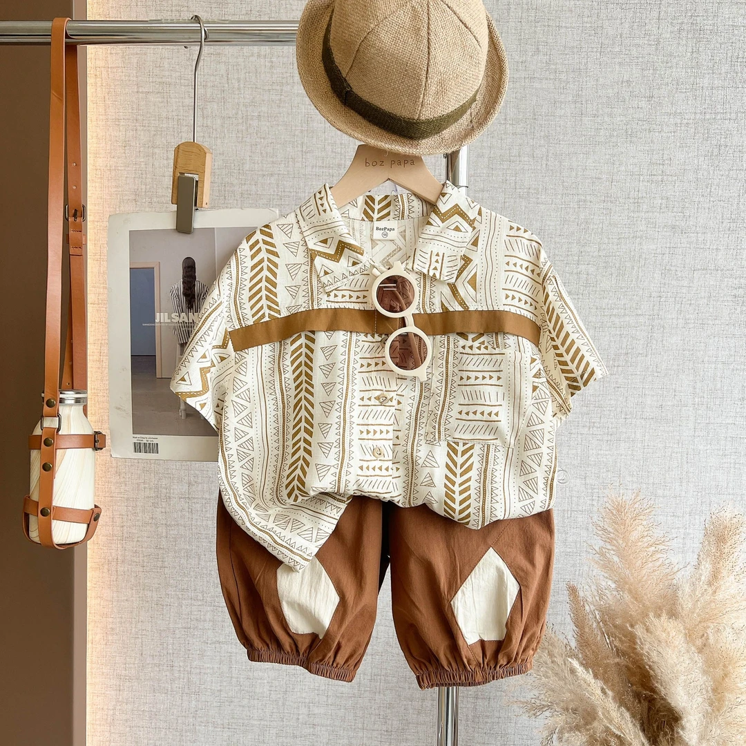 啵小爸【热茶】韩系休闲25年设计师款别具风格图案男童衬衫套装