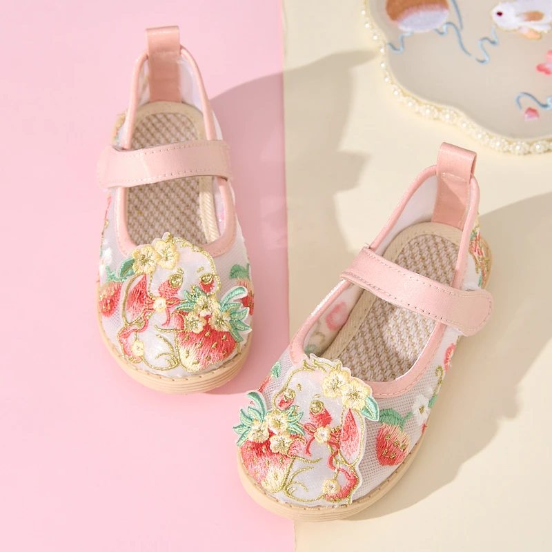 古月家汉服女童夏季薄款绣花网鞋儿童古风透气镂空凉鞋老北京布鞋