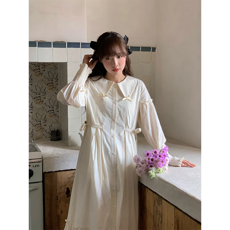 罐头士多所2025春季新款女装杏色甜美蝴蝶结中长款法式衬衫连衣裙
