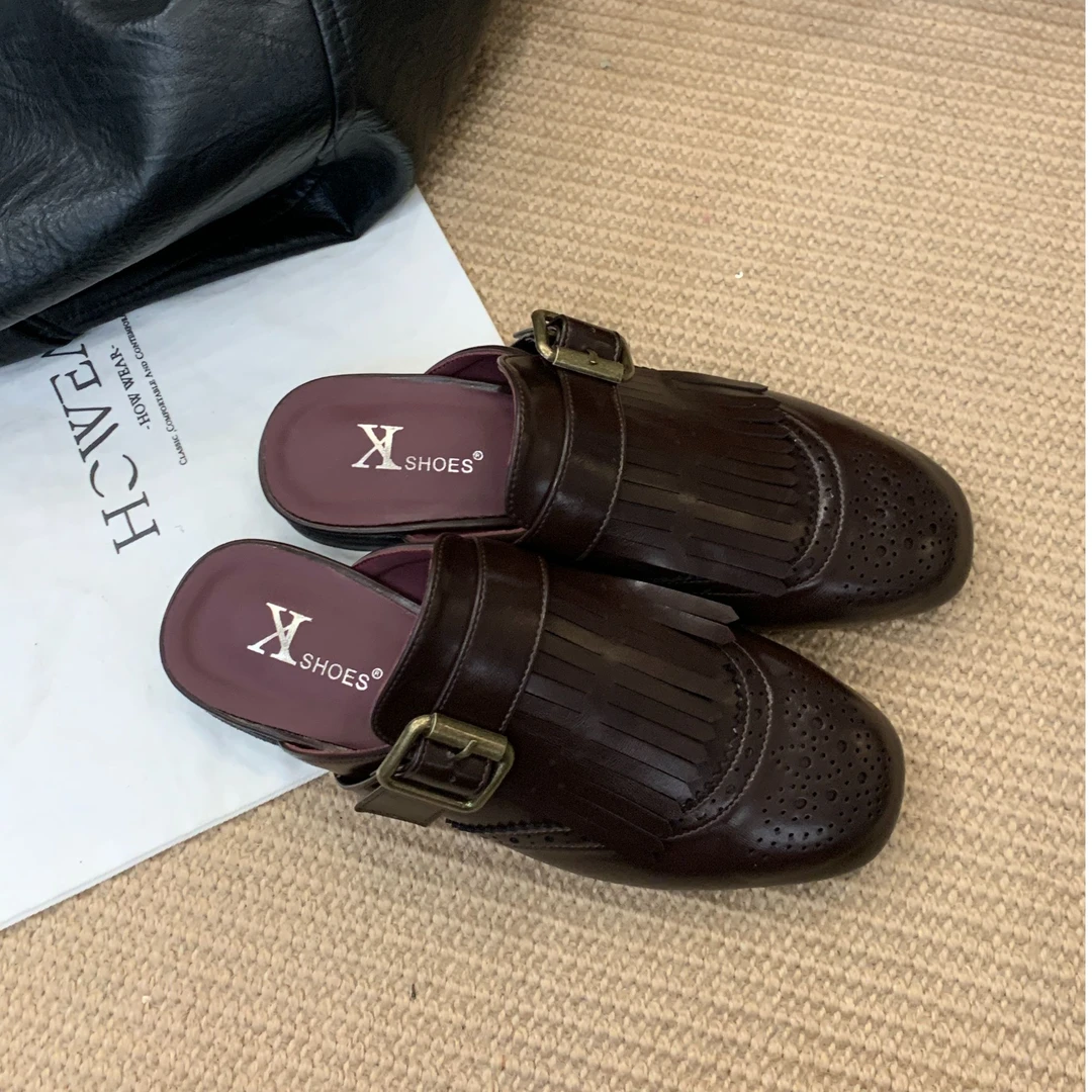 舒适日常包头搭扣半拖包头拖圆头低跟凉拖流苏韩式秋季百搭拖鞋女