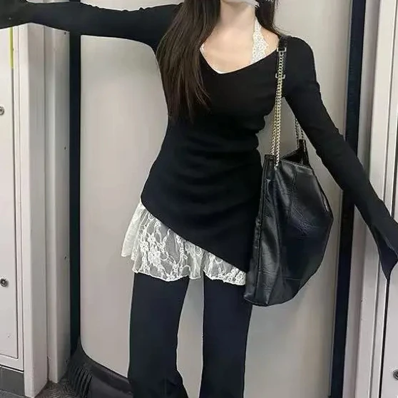 慵懒风蕾丝背心不规则正肩上衣高腰阔腿裤套装