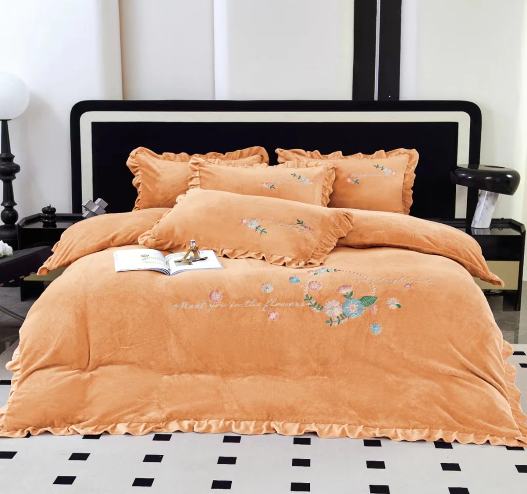 雪京现货冬季加厚加绒宝宝绒牛奶绒刺绣韩版花边款床上四件套床单
