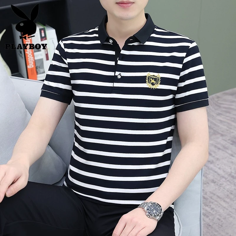 花花公子男士短袖polo衫夏季轻奢休闲百搭翻领t恤条纹纯棉冰上衣
