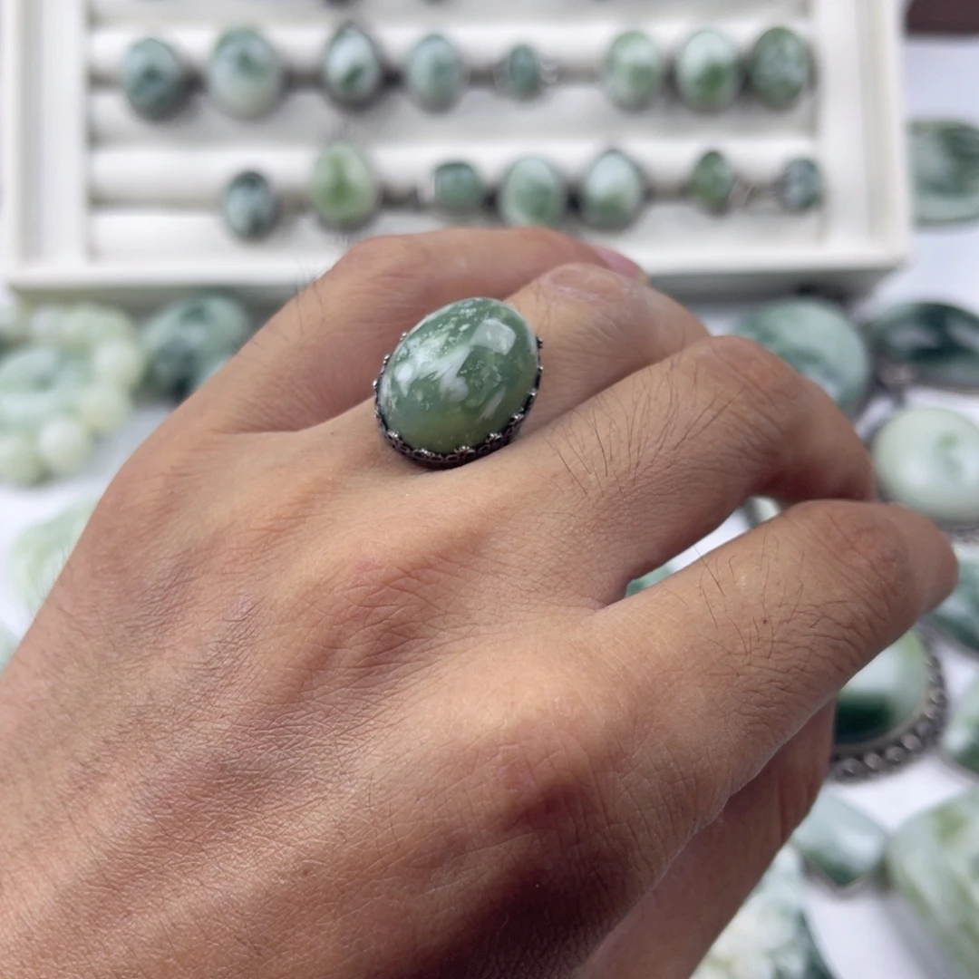 蛇纹石玉银S925镶嵌戒指