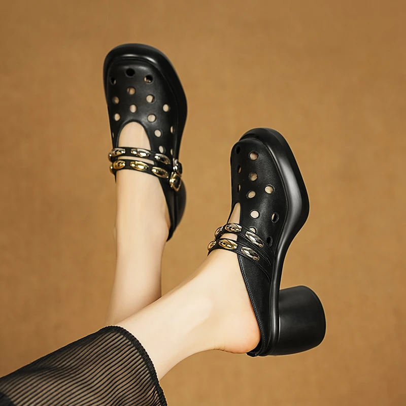 牛皮/7.5cm/时尚百搭夏季外穿包头拖鞋女厚底粗跟增高跟洞洞鞋