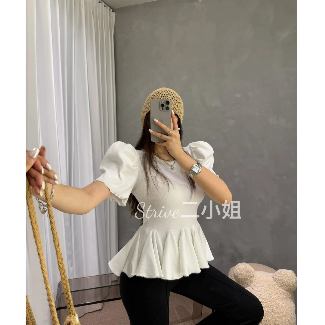 【少女时代】原单泡菜订制重工泡泡袖芭蕾风多荷叶摆收腰上衣