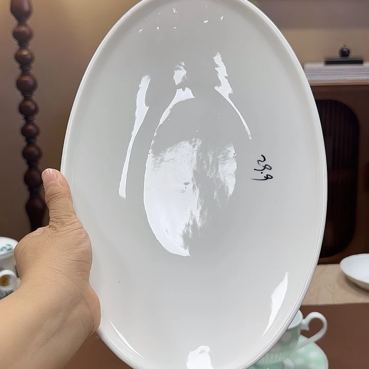 青花瓷12.5寸纯白的旦形鱼盘1个