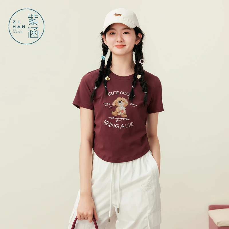 紫涵短款小熊印花短袖T恤女2025年夏季新款正肩上衣Z5Z03BS178