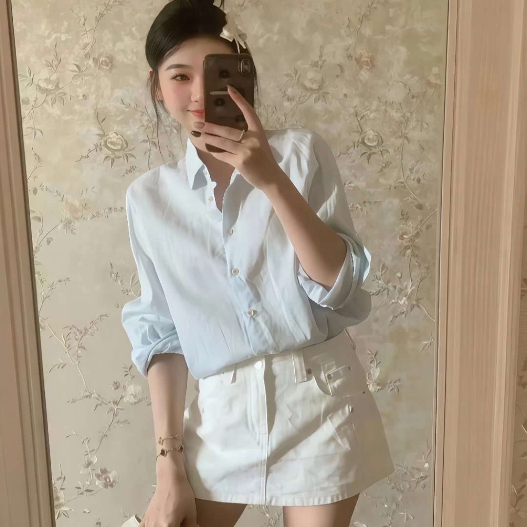 上衣街头风通勤轻熟风纯欲风长袖套装衬衫+牛仔短裙潮小个子休闲