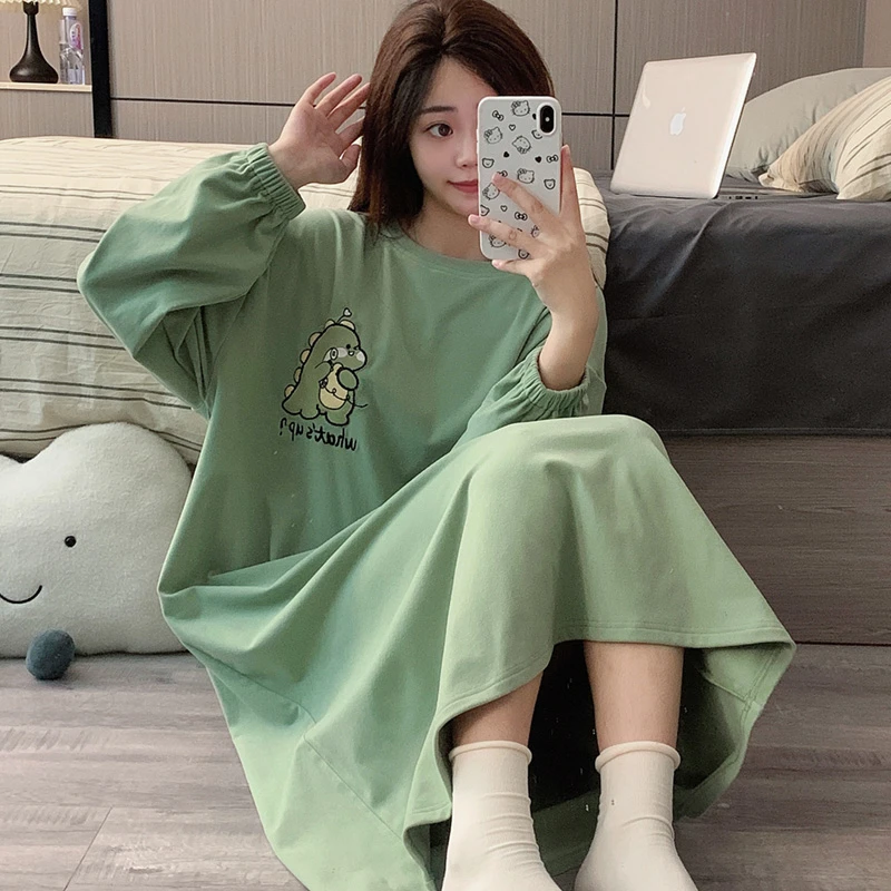 睡裙女冬季双面德绒网红新款长袖圆领保暖简约卡通休闲睡衣家居服