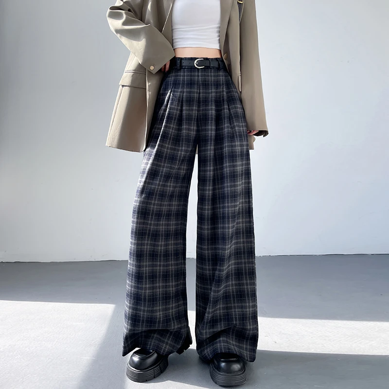 格子西装阔腿裤女秋季格纹2025高腰垂感显瘦直筒休闲拖地裤送腰带