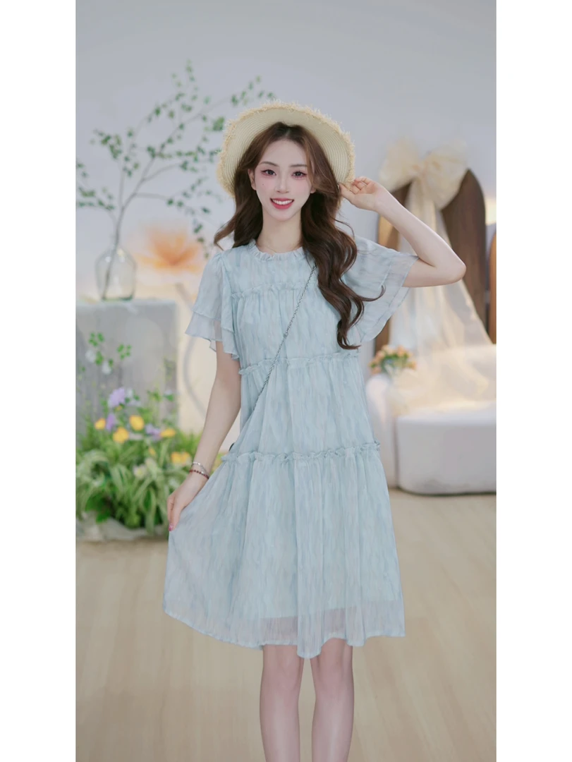 【月珑轻纱M】垂感木耳边温柔显白蛋糕裙宽松显瘦遮肉韩版连衣裙