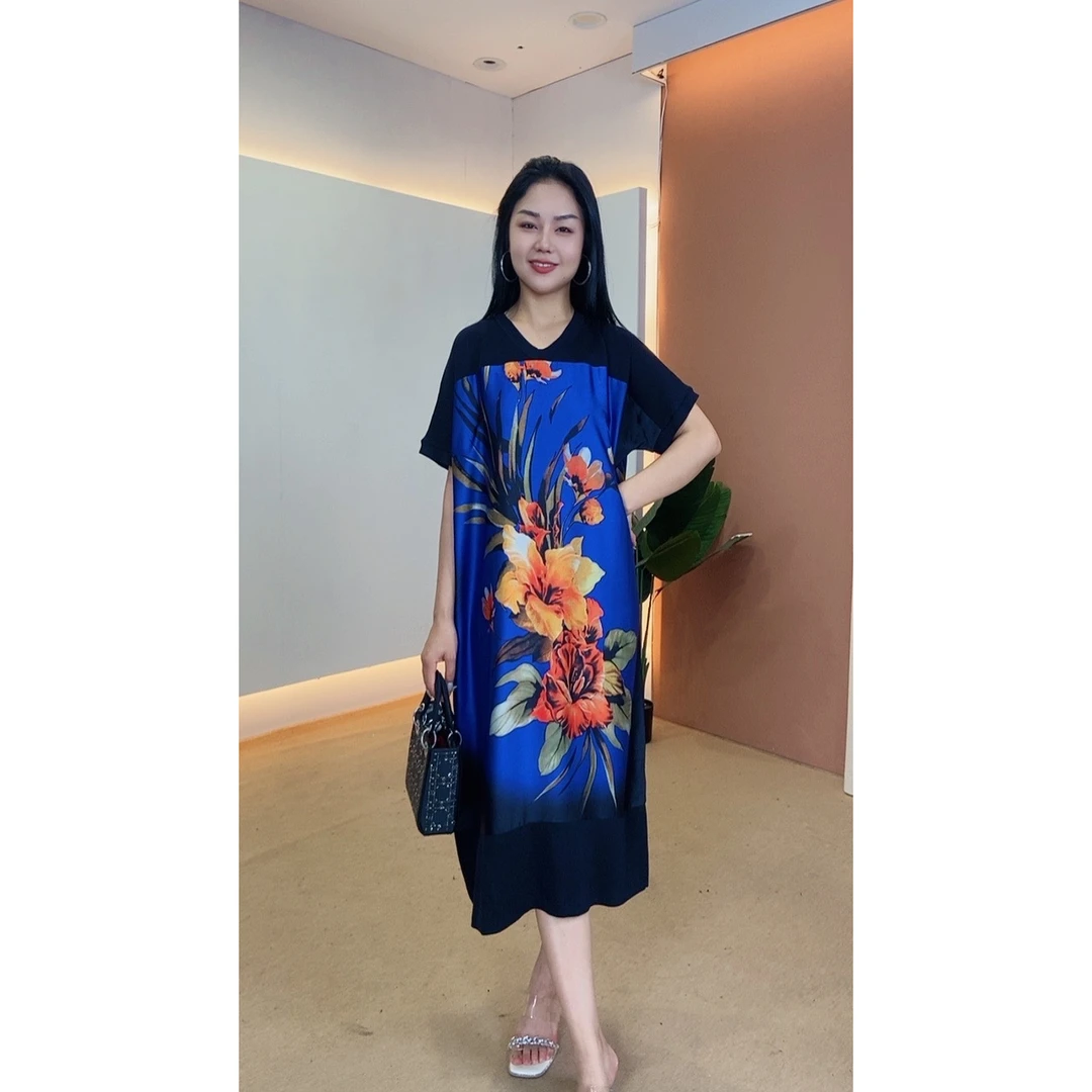 091号女装复古夏季气质优雅印花连衣裙显瘦气质大摆裙长款时尚