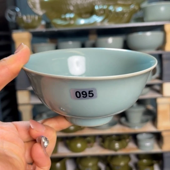 杯095仿古釉撇口汝瓷碗无纹不开片微微瑕
