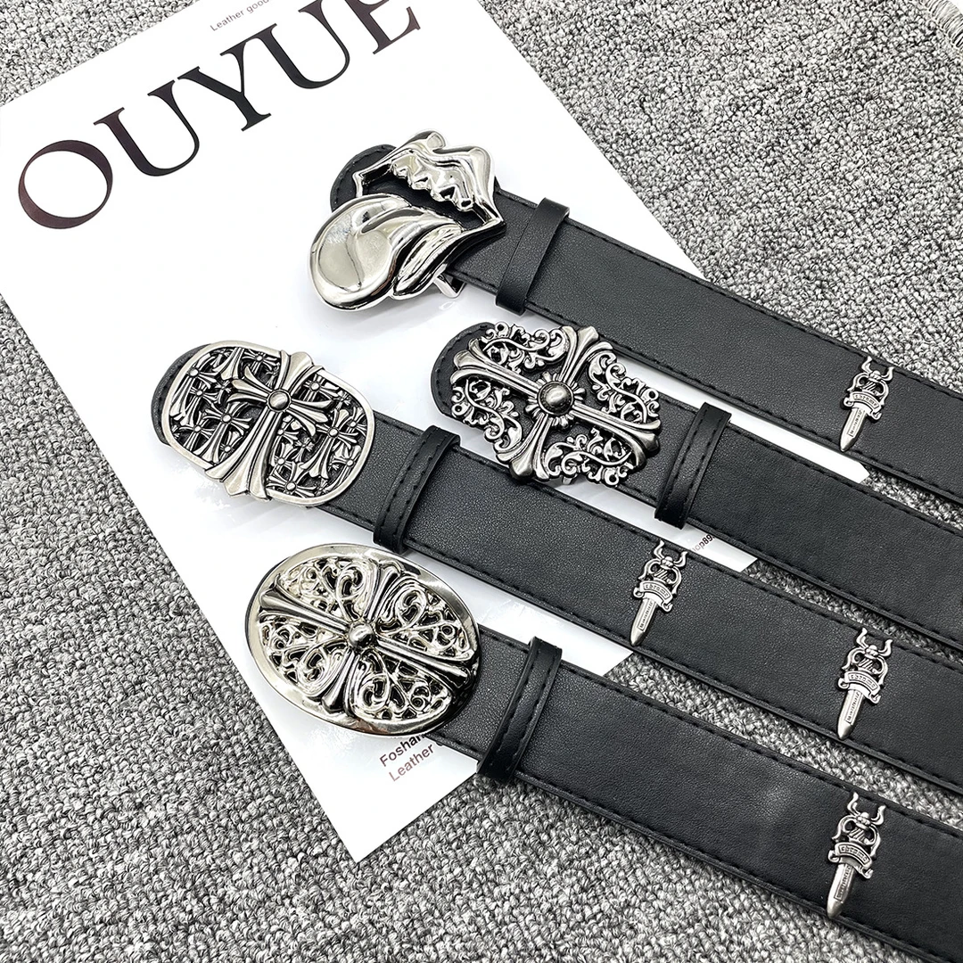 克罗心十字架铆钉男女腰带金属镂空裤带圣剑复古皮带个性牛仔腰带