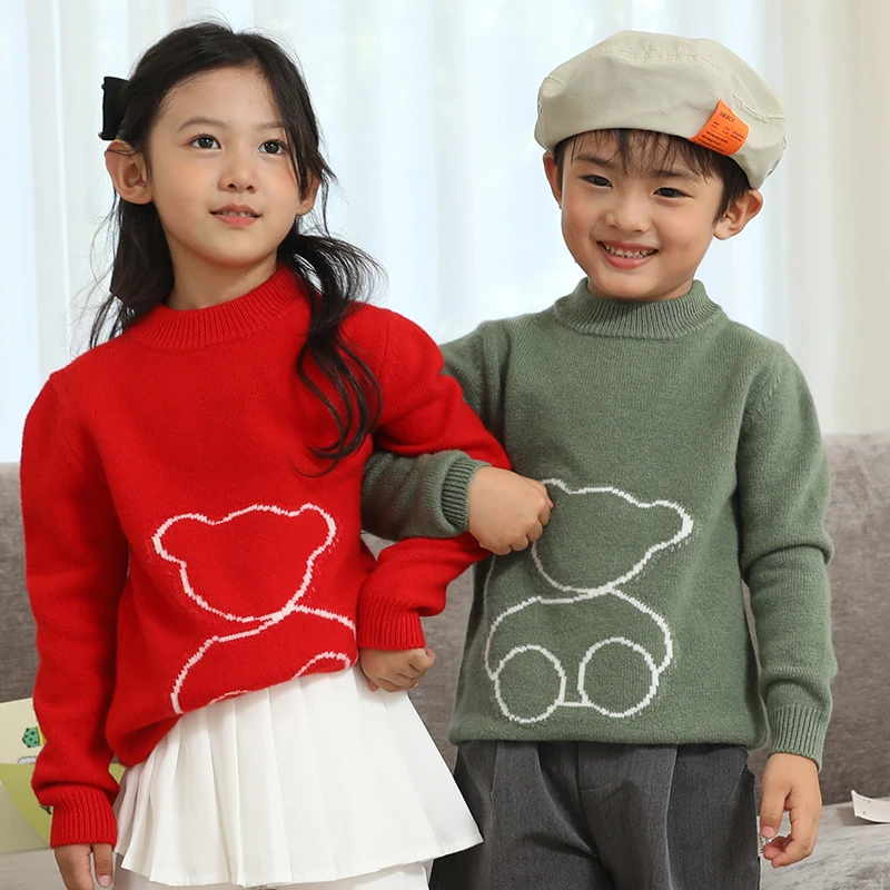 儿童加厚羊毛衫秋冬新款小熊提花纯羊毛男女宝中大童针织套头毛衣