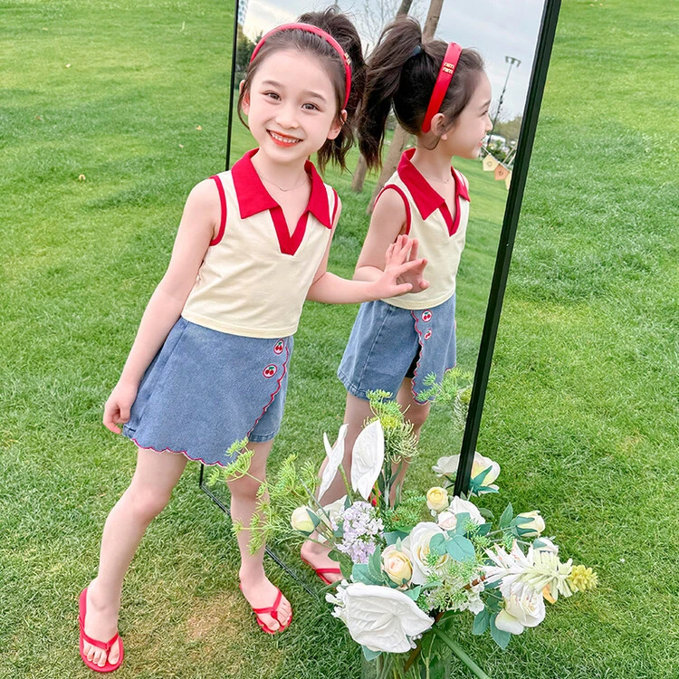 女童夏装套装2025新款洋气儿童气质女孩薄款无袖上衣牛仔短裤裙潮