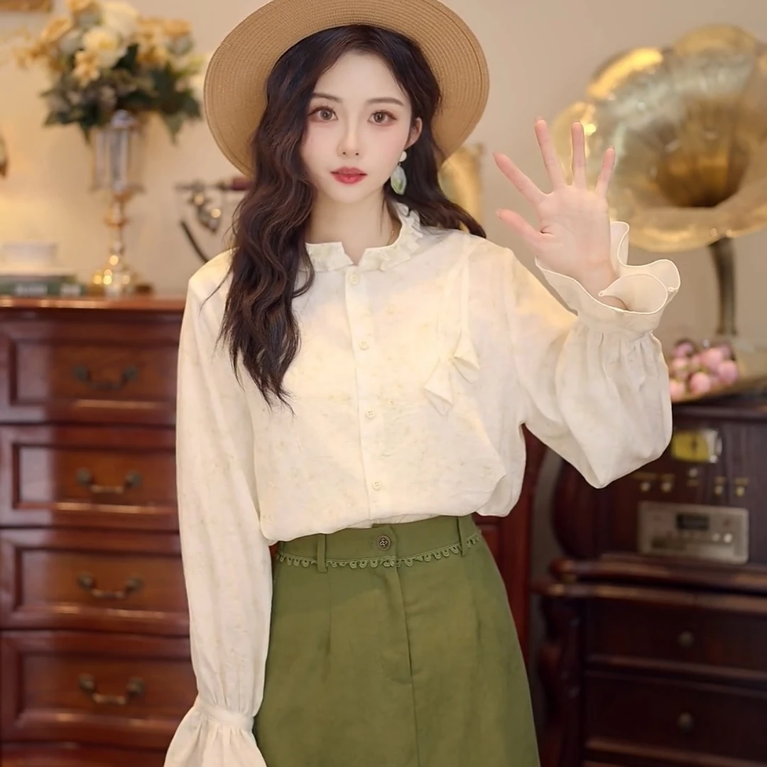 鹿晚不晚【浅月生花】千金清冷感贵系衣服衬衫显瘦上衣LF1102333