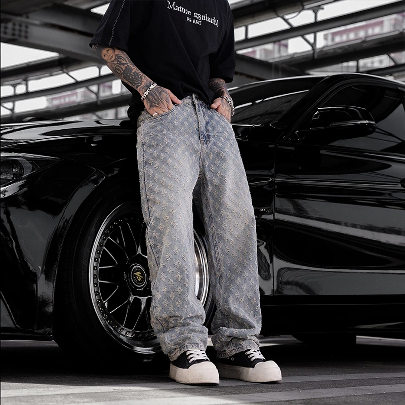 2025新款提花满印高街潮牌设计感牛仔裤直筒水洗阔腿长裤百搭
