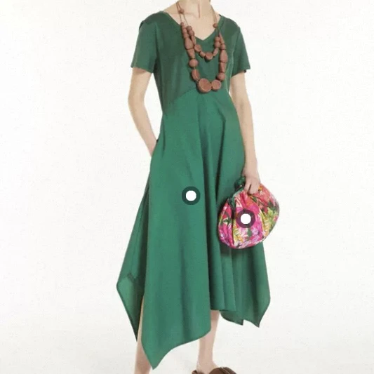 2506061小众法系V领纯棉大裙摆连衣裙女不规则设计感25春夏新款