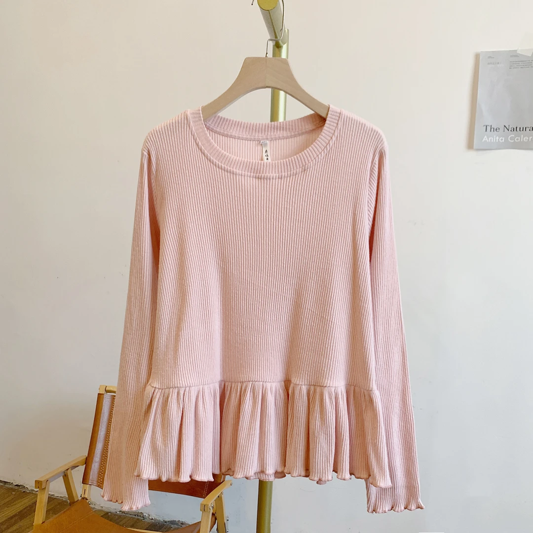 草莓布丁C4813坑条荷叶边圆领长袖T恤