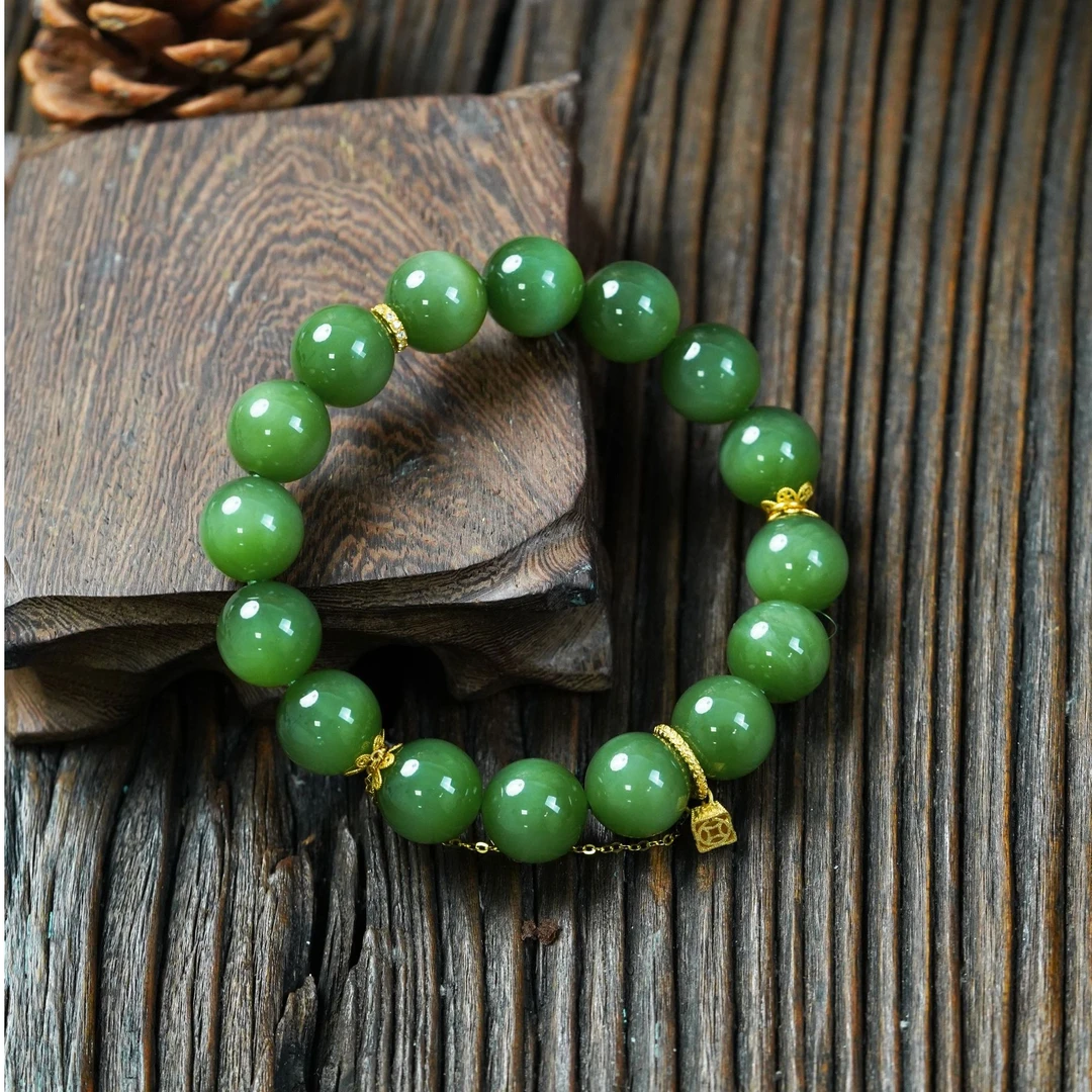 【石缘居珠宝】18K金镶嵌和田玉碧玉佩戴高贵大气款猫眼手串 C40-96